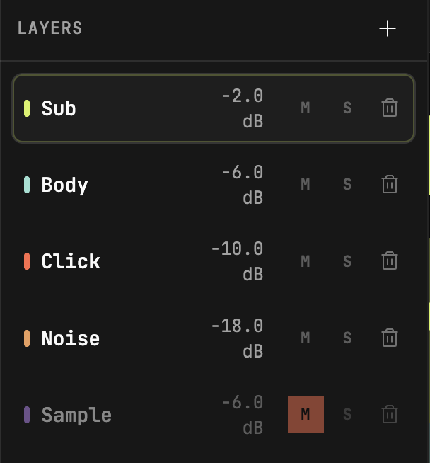kick drum maker layer builder with sub, body, click, noise, and sample layers