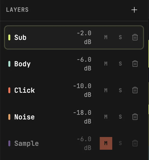 kick drum maker layer builder with sub, body, click, noise, and sample layers