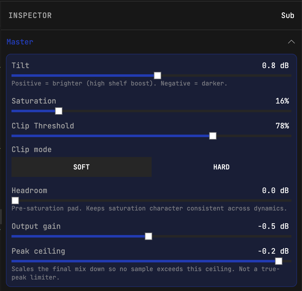 kick drum master bus controls for saturation, clipping, headroom, output gain, and peak ceiling