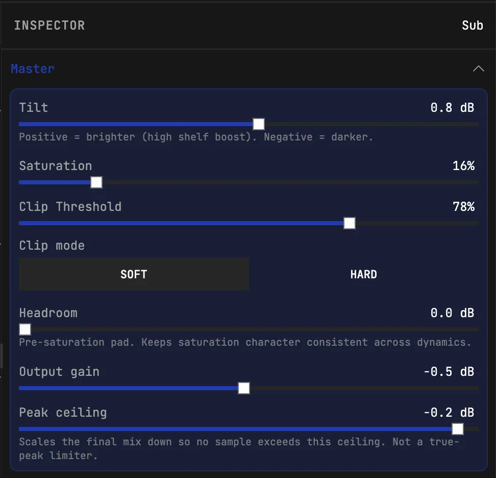 kick drum master bus controls for saturation, clipping, headroom, output gain, and peak ceiling