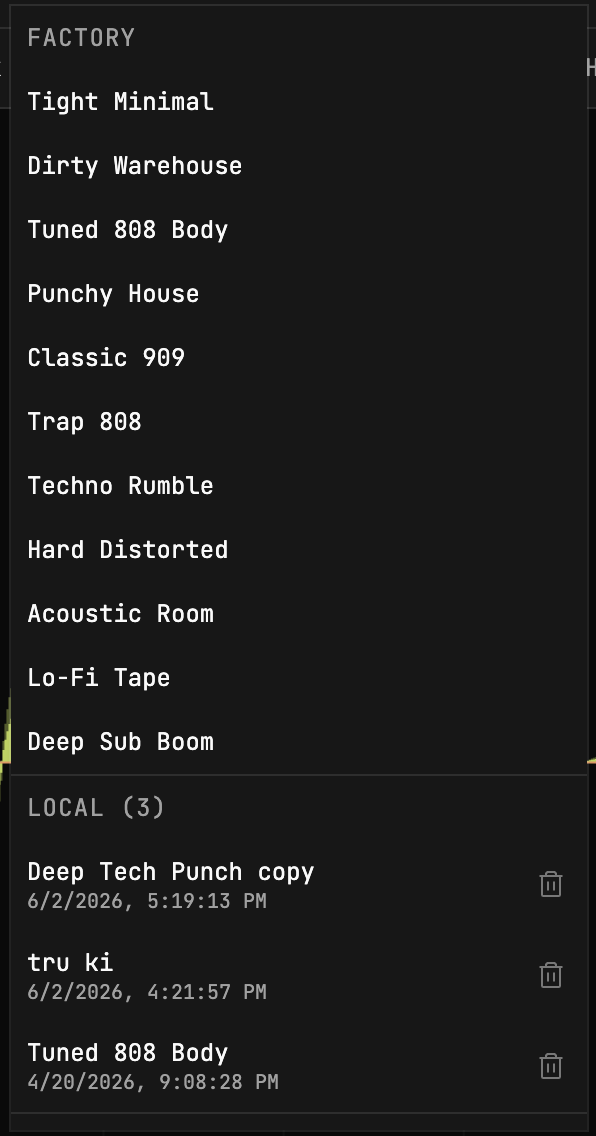 kick drum preset browser with factory presets, local presets, import, and export controls