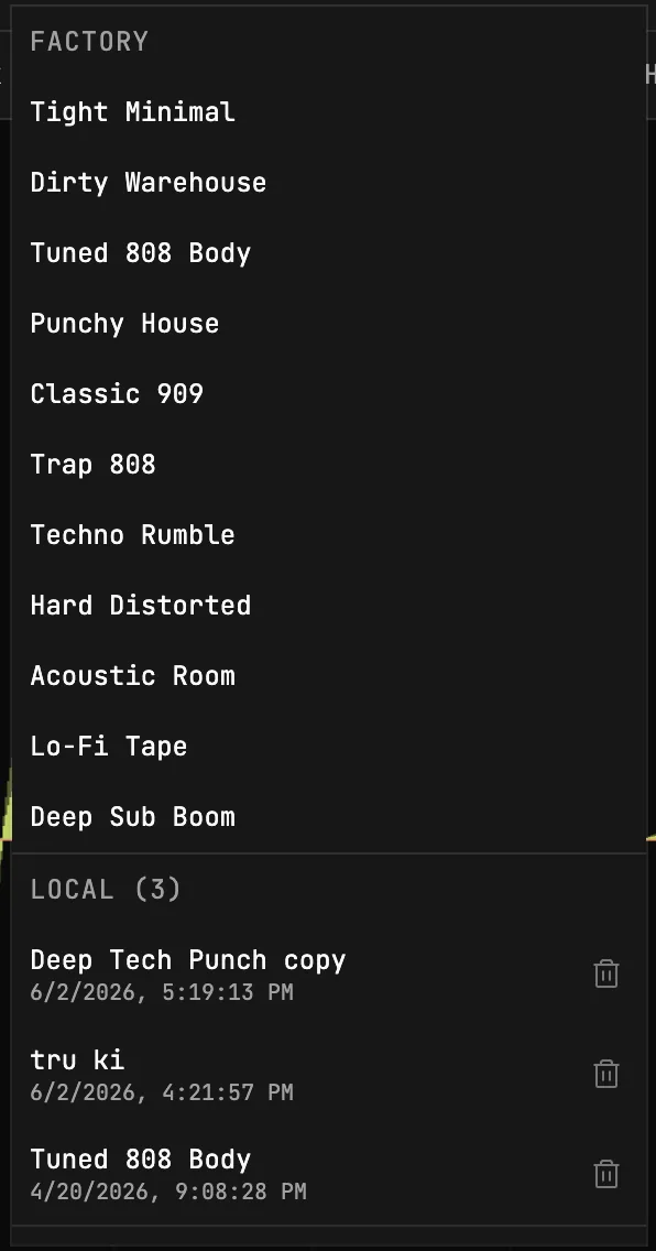 kick drum preset browser with factory presets, local presets, import, and export controls
