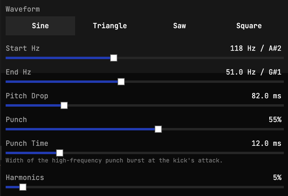 kick drum waveform view selector with mix overlay and lane views